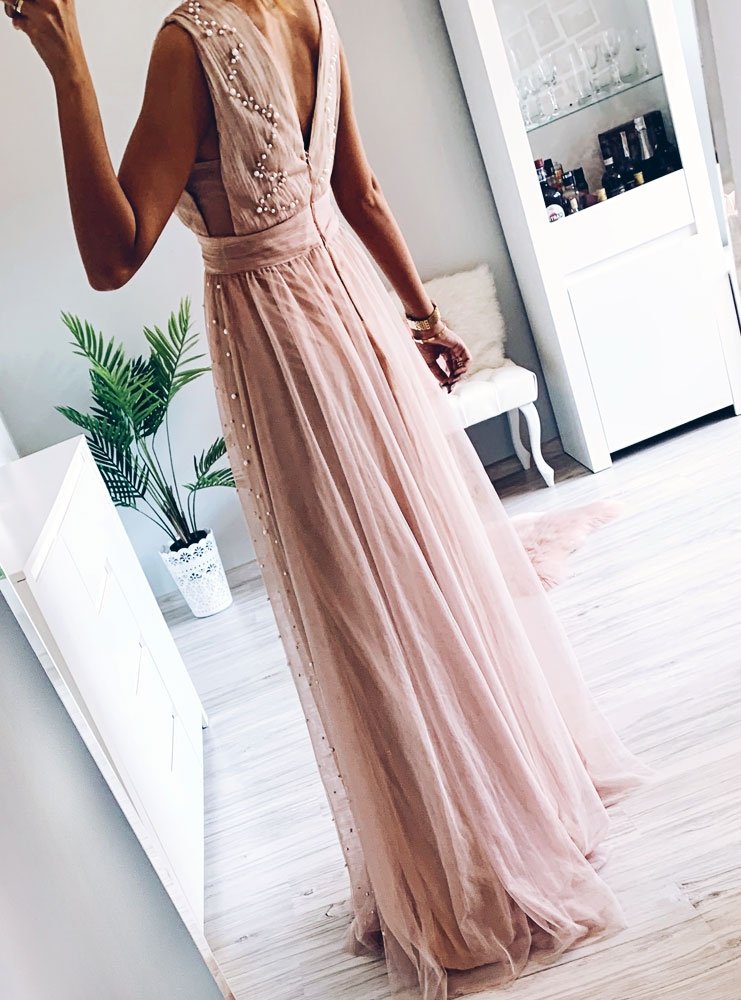 elegant a line v neck blush long prom dress