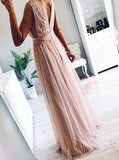 elegant a line v neck blush long prom dress