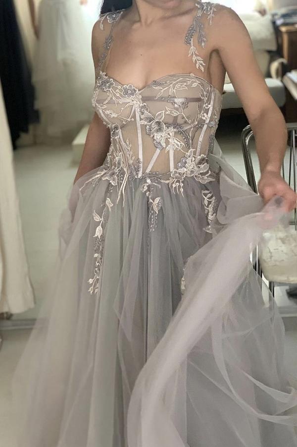 a line see through gray tulle lace long prom formal dress