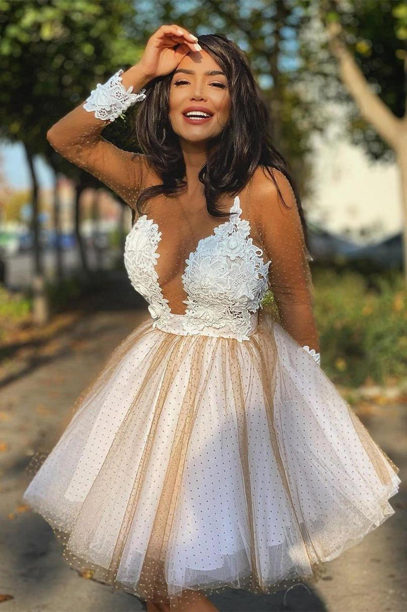 sheer long sleeves plunging neck appliques short homecoming dress