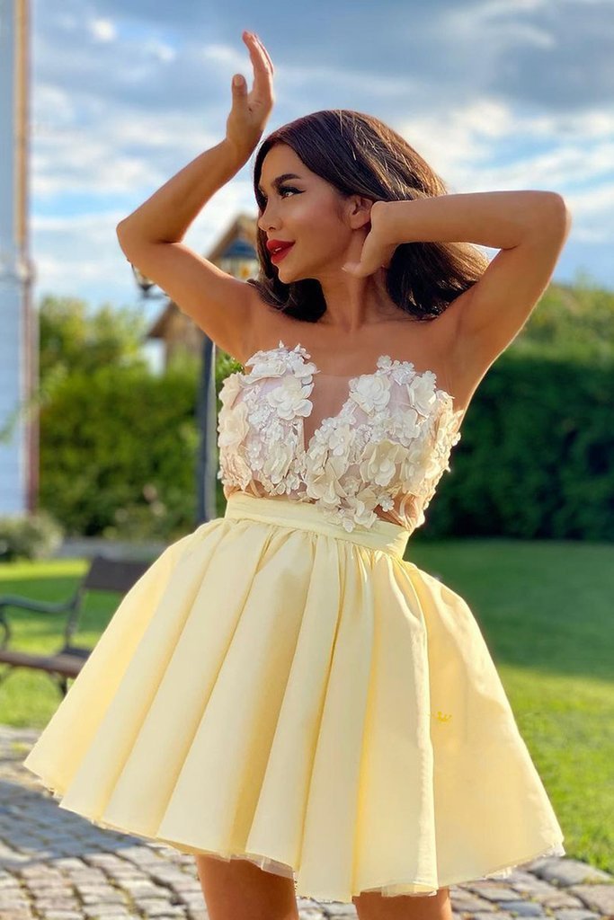 cute strapless yellow satin short homecoming dress with flowers
