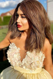 cute strapless yellow satin short homecoming dress with flowers