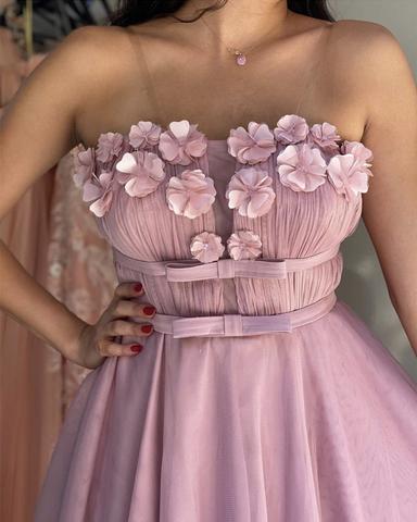 strapless tulle homecoming dresses with handmade flowers