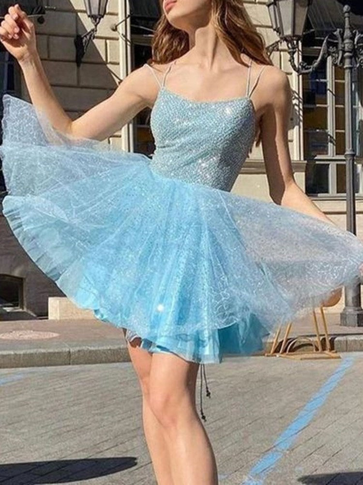a line sleeveless blue homecoming dress spaghetti straps cocktail dress