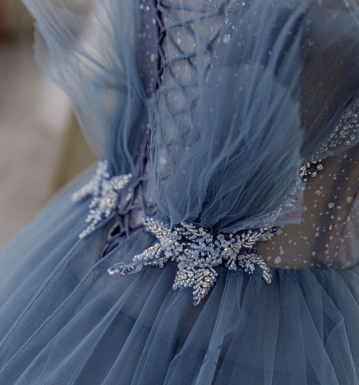 princess sparkly tulle blue beaded prom dress tiered formal gown