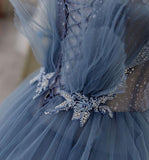 princess sparkly tulle blue beaded prom dress tiered formal gown