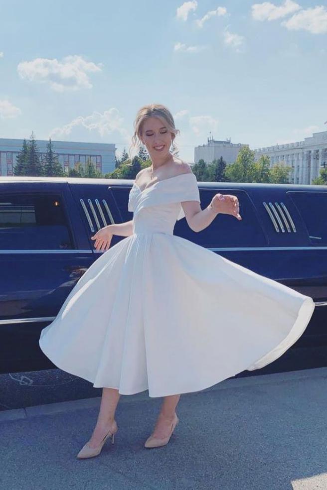 a line ankle length homecoming dress ivory off shoulder satin short wedding dress