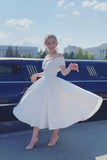 a line ankle length homecoming dress ivory off shoulder satin short wedding dress