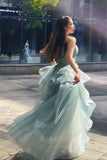 charming spaghetti straps tulle dusty green long prom dress glitter formal party dress
