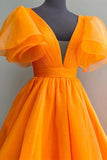 orange plunge v ruffled sleeve a line long formal dress elegant prom dresses