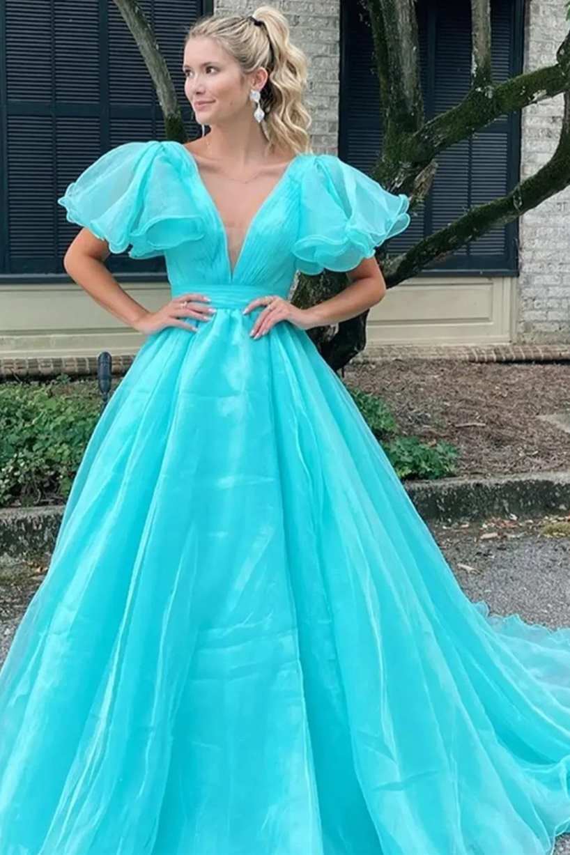 orange plunge v ruffled sleeve a line long formal dress elegant prom dresses