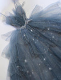 princess sparkly tulle blue beaded prom dress tiered formal gown