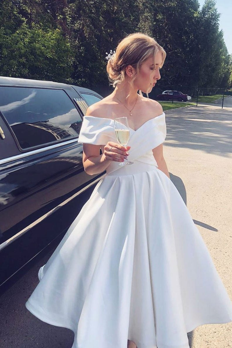 a line ankle length homecoming dress ivory off shoulder satin short wedding dress