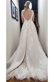 deep v neck romantic lace applique wedding dress