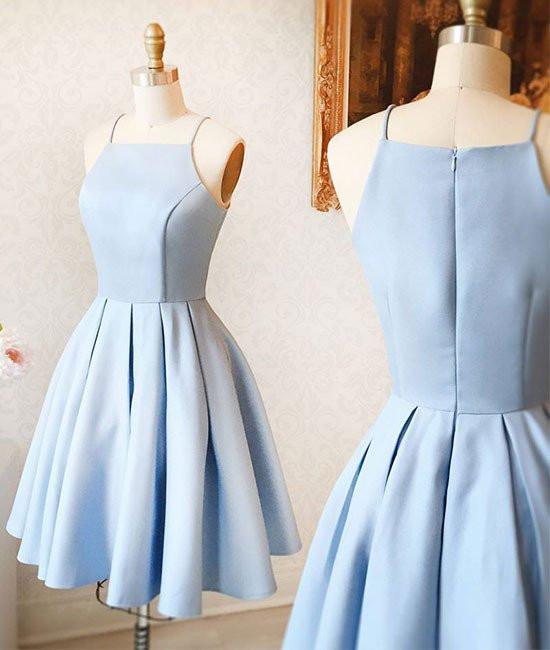 light blue satin short prom dress a line spaghetti straps homecoming dress