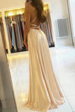simple a line long prom dresses with slit backless evening dress