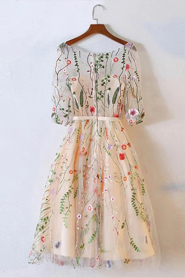 a line 1 2 sleeves floral homecoming dress knee length prom gown uqh0124