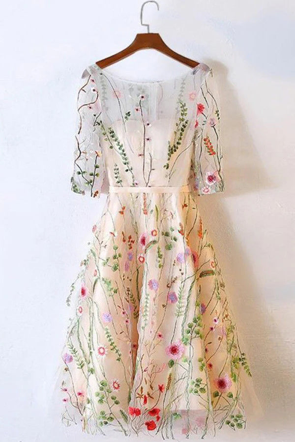 a line 1 2 sleeves floral homecoming dress knee length prom gown uqh0124