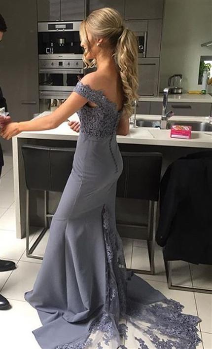 off the shoulder satin lace prom dresses grey long bridesmaid dresses