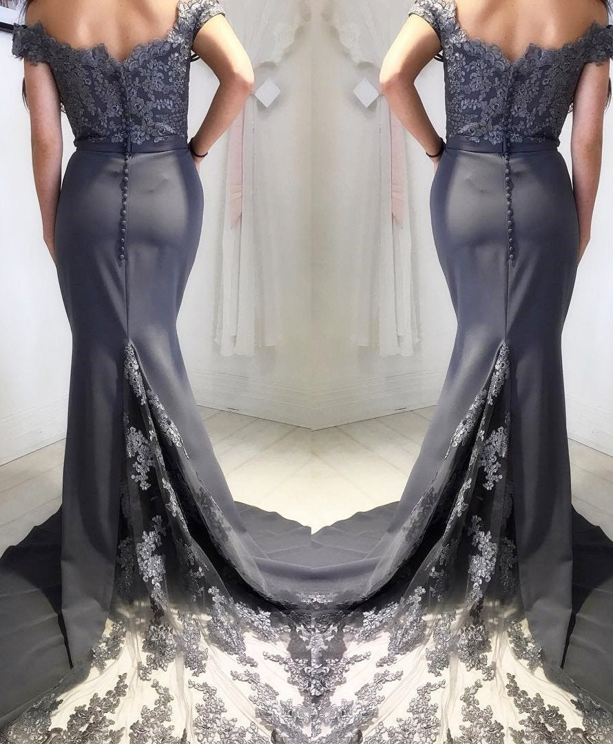 off the shoulder satin lace prom dresses grey long bridesmaid dresses
