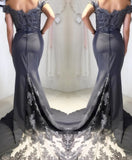 off the shoulder satin lace prom dresses grey long bridesmaid dresses
