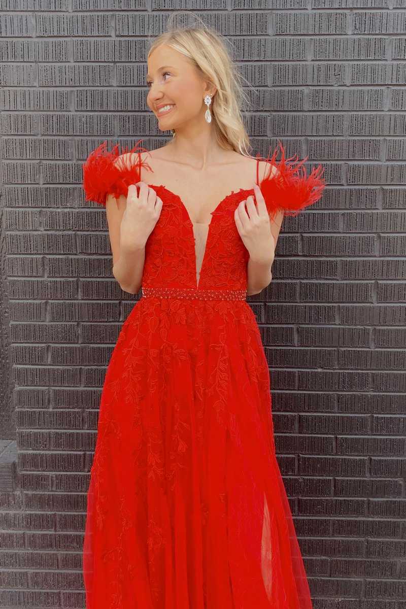 charming a line red feathers long prom dresses appliques beaded party dress