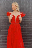 charming a line red feathers long prom dresses appliques beaded party dress