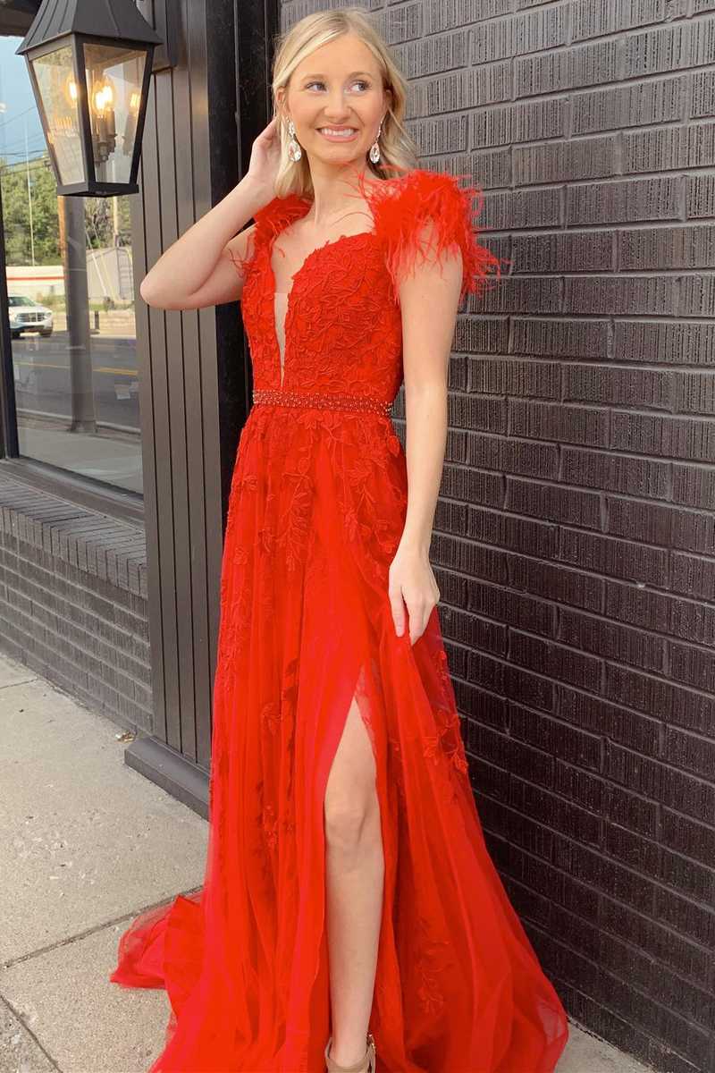charming a line red feathers long prom dresses appliques beaded party dress