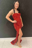 High Slit Red Sequined Mermaid Long Prom Dress, Shiny Strapless Formal Gown GP425