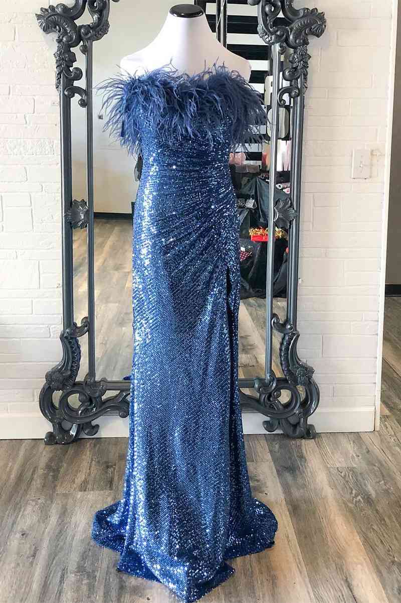 sequins blue strapless feather long formal dress with slit sparkly slit evening gown