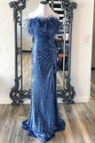 sequins blue strapless feather long formal dress with slit sparkly slit evening gown