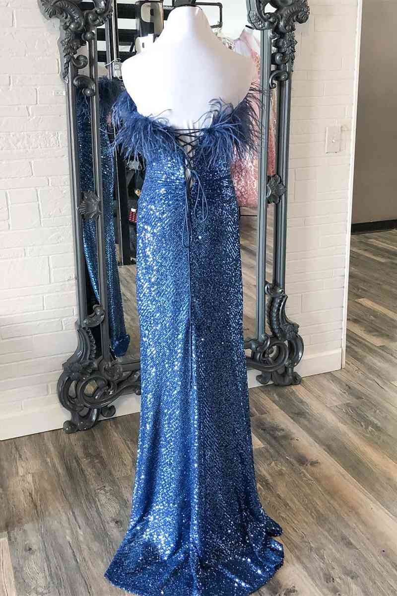 sequins blue strapless feather long formal dress with slit sparkly slit evening gown