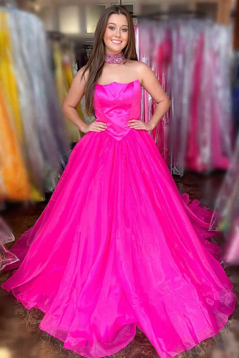 simple hot pink strapless tulle prom dress with pockets long formal gown