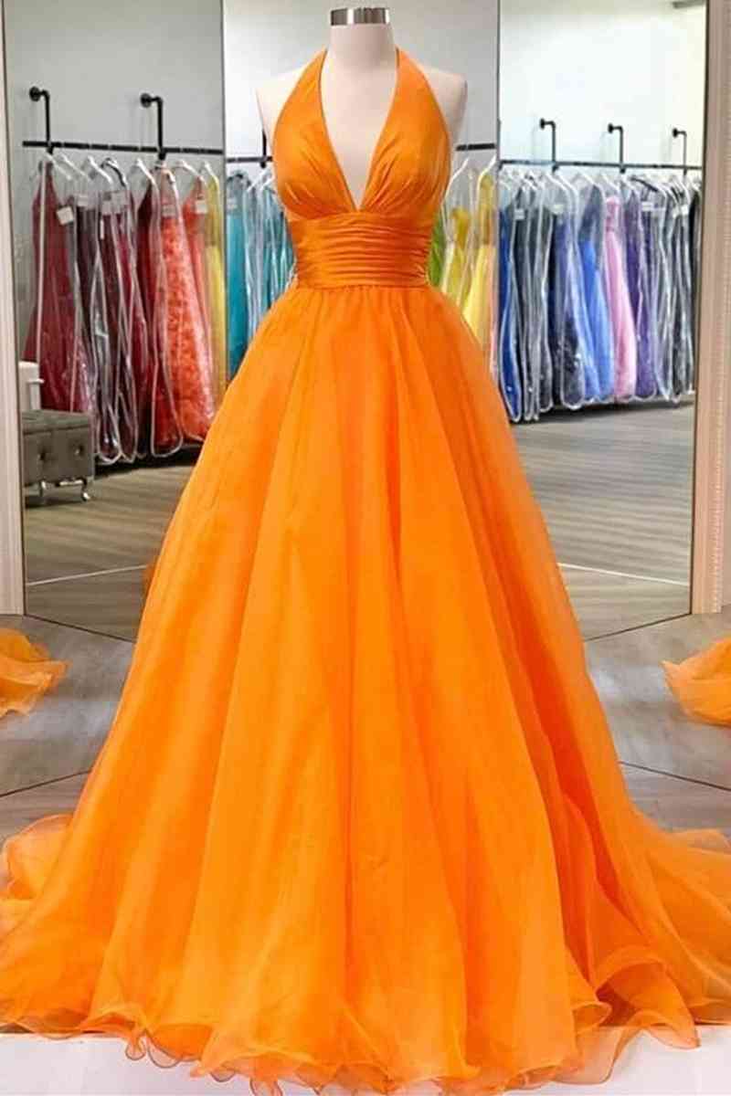 elegant a line orange halter long prom dress simple tulle party dress