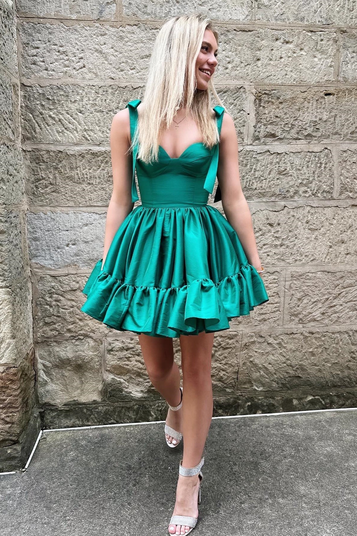 cute a line tie straps green ruffles satin short homecoming dresses