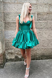 cute a line tie straps green ruffles satin short homecoming dresses