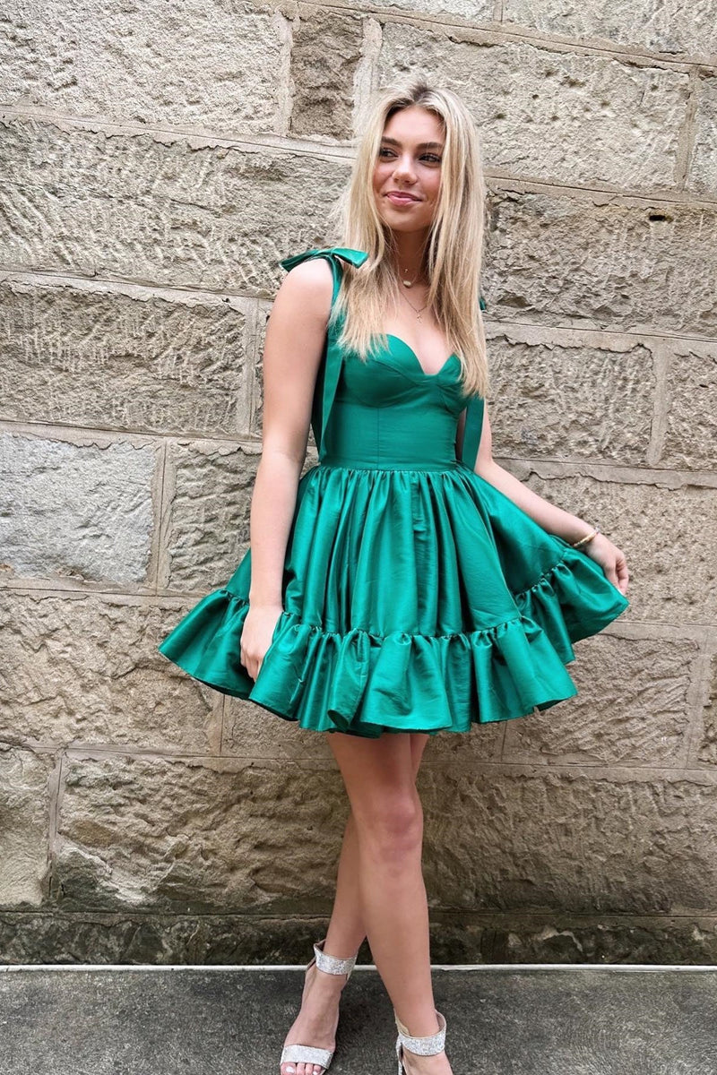 cute a line tie straps green ruffles satin short homecoming dresses