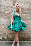 Cute A-line Tie Straps Green Ruffles Satin Short Homecoming Dresses GM668