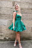cute a line tie straps green ruffles satin short homecoming dresses