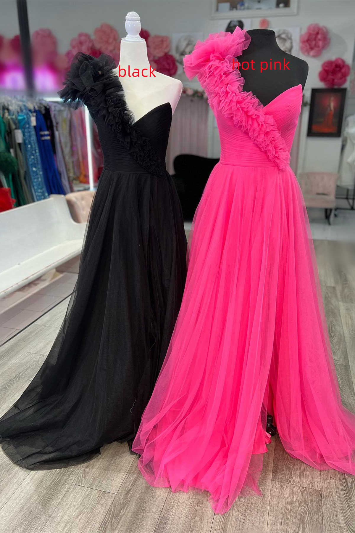 princess one shoulder ruffled tulle prom dresses slit long formal gown