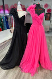 princess one shoulder ruffled tulle prom dresses slit long formal gown