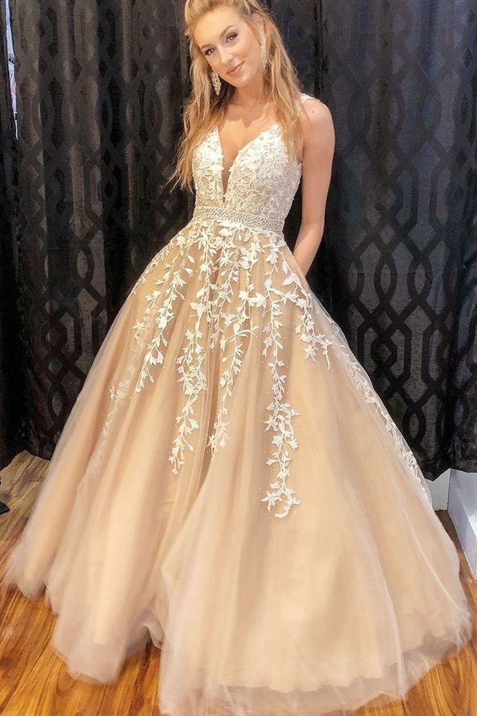 a line lace appliqued tulle wedding dresses princess v neck bridal gown
