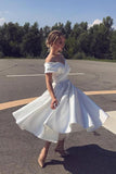 a line ankle length homecoming dress ivory off shoulder satin short wedding dress