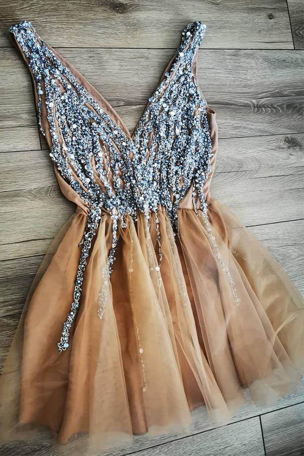 gorgeous v neck a line homecoming dress party dress with beading