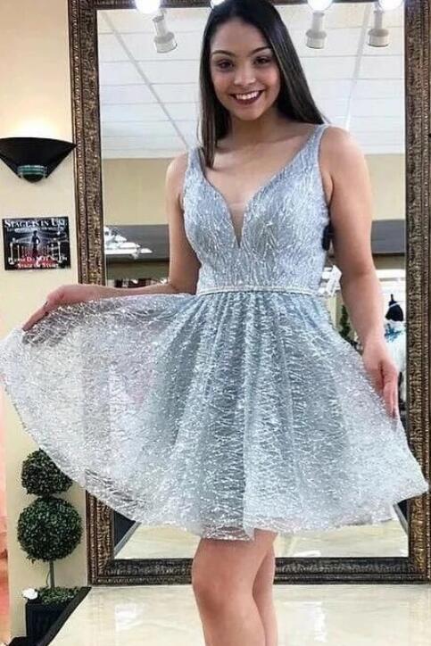 unique a line short v neck blue homecoming dress shiny short prom dress