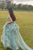 charming spaghetti straps tulle dusty green long prom dress glitter formal party dress