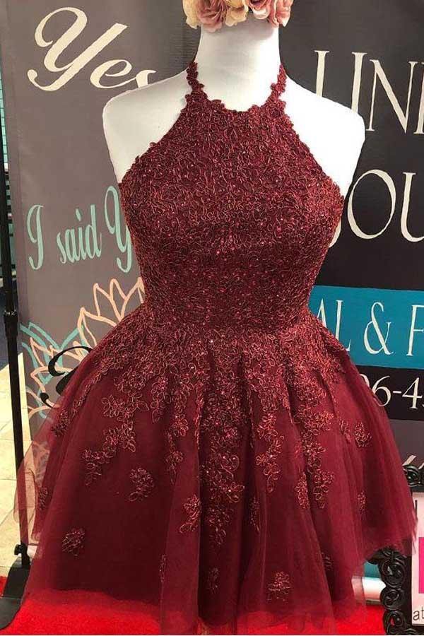 cute halter burgundy lace a line backless homecoming dress