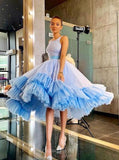 sparkly light blue bateau ball gown short backless prom dress
