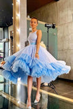 sparkly light blue bateau ball gown short backless prom dress
