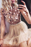 charming long sleeves beaded appliques tulle short prom dresses